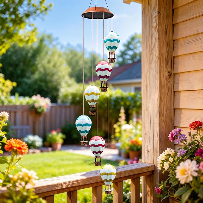 Topstor Hot Air Balloon Solar Wind Chimes for Outside - Outdoor Hanging Decor Gifts for Women Mom Grandma (Wavy)