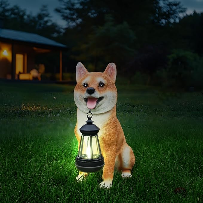 Outdoor Akita Inu Dog Statue with Interchangeable Welcome Sign and Detachable Solar Lantern –LED Light Garden Dog Sculpture Décor, Cute Puppy Design for Yard, Porch, Gift