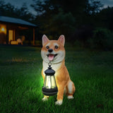 Outdoor Akita Inu Dog Statue with Interchangeable Welcome Sign and Detachable Solar Lantern –LED Light Garden Dog Sculpture Décor, Cute Puppy Design for Yard, Porch, Gift