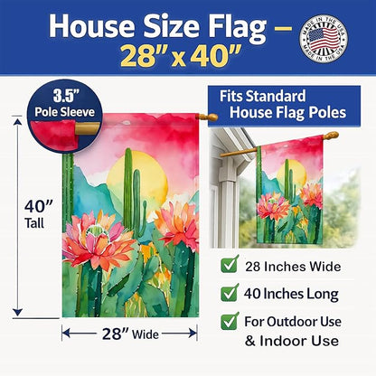 Caroline's Treasures Arizona Saguaro Cactus Blossom in Watercolor House Flag Large Porch Sleeve Pole Decorative Outside Yard Banner Artwork Wall Hanging, Polyester, House Size, Multicolor