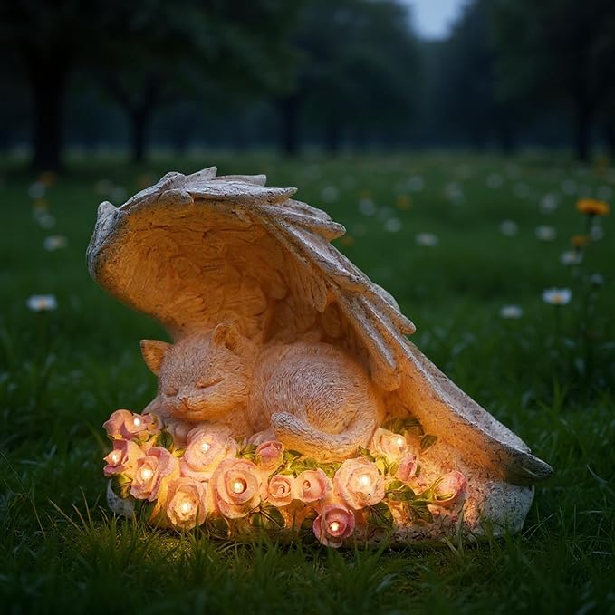 Elenon Cat Pet Memorial Stones Outdoor Statue, A Sleeping Cat Memorial Stones with Solar Light Garden Statue Decor, Pet Loss Sympathy Remembrance Grave Gifts