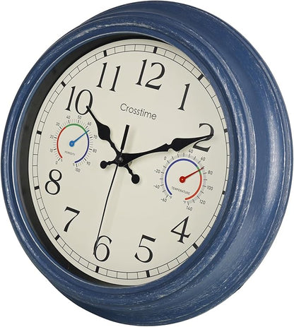 Crosstime 12 Inch Outdoor Clock with Thermometer & Hygrometer, Vintage Blue Wall Clock Waterproof, Easy to Read Decor for Patio,Garden, Pool, Backyard, Farmhouse, Bathroom