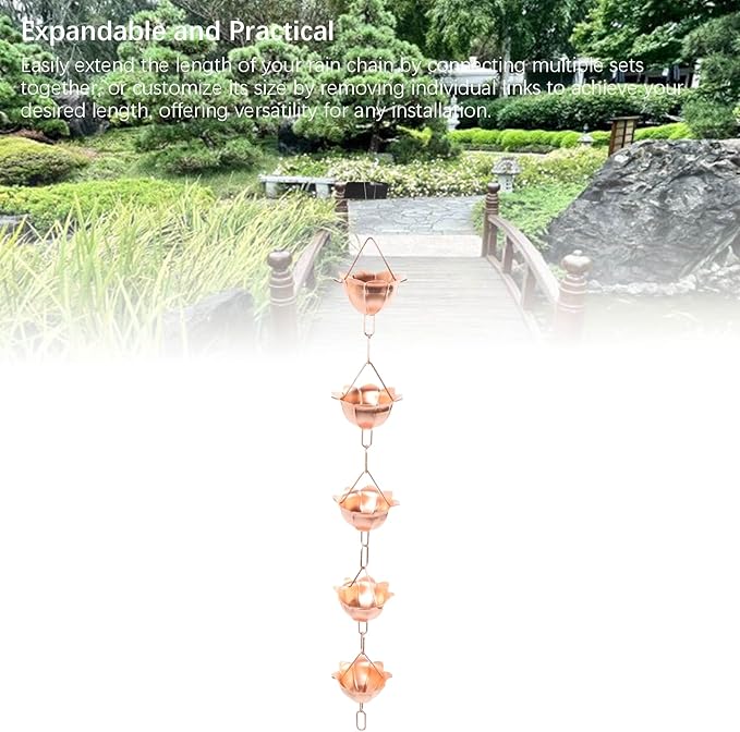 Hanging Rain Chain Copper, 1m Weatherproof Yard Rain Catcher Chain - Elegant Floral Design, Rust, Easy Installation for Garden and Temple (Petal Shaped)
