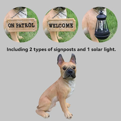 Elegant French Bulldog Dog Sculpture with Solar Lantern & Double-Sided 'On Patrol' & 'Welcome' Signposts – Premium Resin Statue for Outdoor Garden, Patio, Yard Decoration