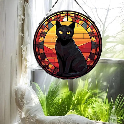 Black Cat Stained Glass Window Hanging,7.87’’ Stained Glass Suncatcher for Window for Cat Lovers,Hanging Ornaments Round Women Gifts for Family Friends, Housewarming Gift (B Style)