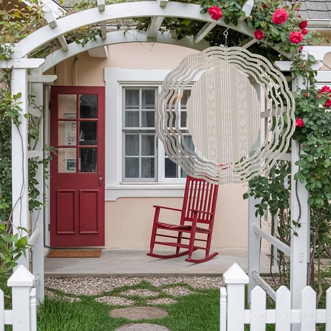 Vintage Boho Geometric Stripes Round Wind Spinner 10", 3D Stainless Steel Wind Spinners for Yard and Garden Retro Beige Indoor Outdoor Metal Hanging Craft Ornaments for Porch Lawn