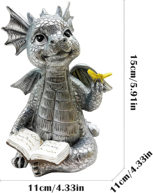 Cute Dragon Reading Book Statue, 5.9-Inch Tall Dinosaur Holding Butterfly Figurines Art Resin Sculpture Outdoor Garden Decor Home Desk Ornaments