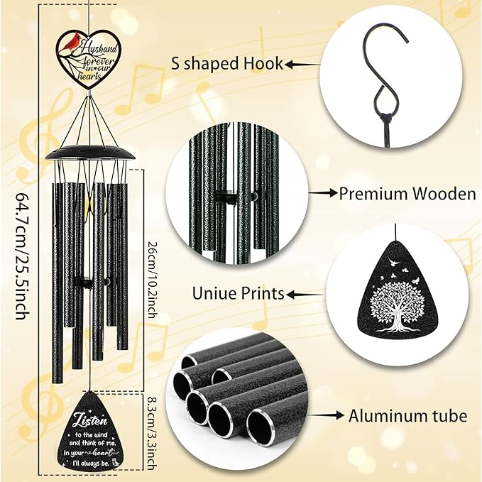 Memorial Gifts for Loss of Husband - 36'' Memorial Wind Chimes for Outside, Sympathy Bereavement Condolence Grief Remembrance Funeral Gifts for Loss of Husband, with S Hook Greeting Card