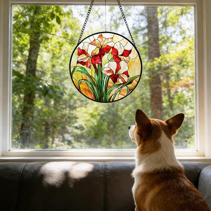 7.87" Stained Glass Window Hanging,Red Gladiolus Flower Sun Catcher for Door Terrace Garden Home Decor,Plants Suncatcher House Warming Gifts New Home