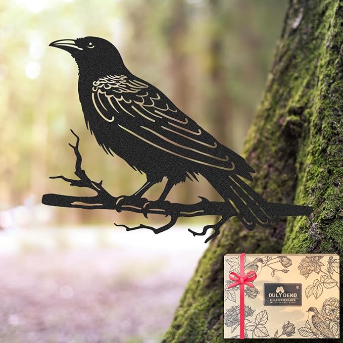 OULYDEKO Raven Decor,Metal Birds Yard Decor,Metal Yard Art Outdoor and Garden,Tree Decorations Outdoor,Yard Animals,Black Crows Halloween Decor