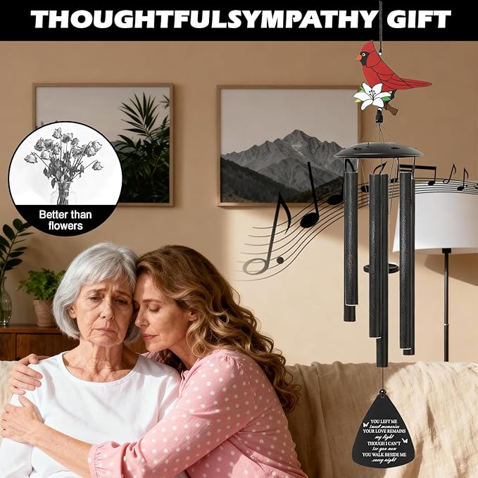 Cardinal Bird Sympathy Wind Chimes, Memorial Wind Chimes for Loss of Loved One Prime, Bereavement/Sympathy/Memorial Gift for Loss of Mother Father Husband Condolence (Black)