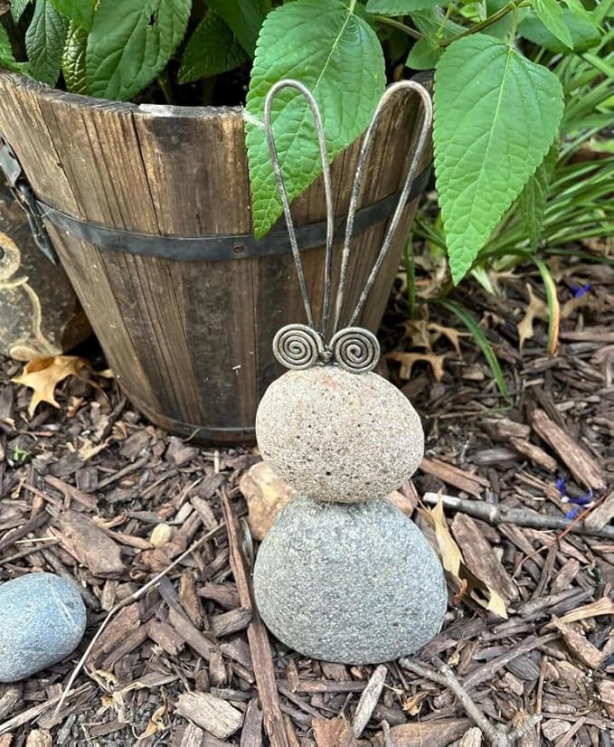 Handmade River Stone Rabbit Garden Statue 11 Inch Metal & Natural Stone Outdoor Bunny Accent, Memorial Day Yard Decor