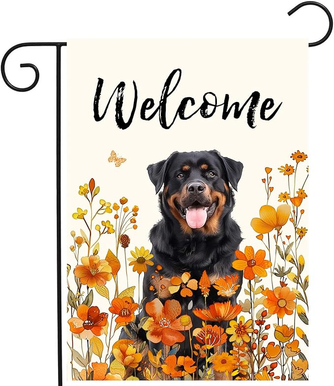 Rottweiler Fall Garden Flag Autumn Dog Yard Sign Orange Floral Thanksgiving Outdoor Banners for Outside 12x18 Double Sided Small Wild Flower Lawn Decorations