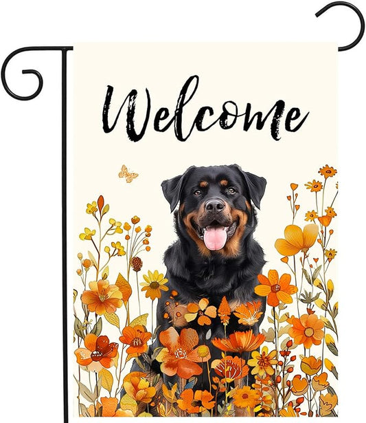 Rottweiler Fall Garden Flag Autumn Dog Yard Sign Orange Floral Thanksgiving Outdoor Banners for Outside 12x18 Double Sided Small Wild Flower Lawn Decorations