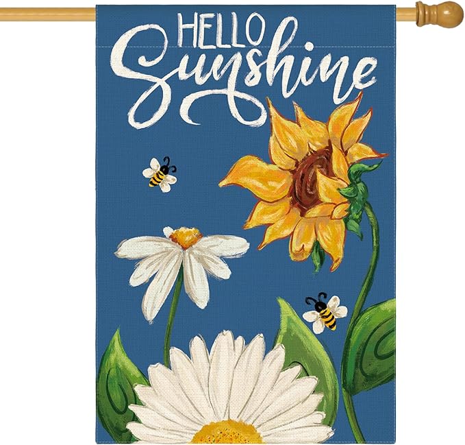 AVOIN colorlife Daisy Sunflower Hello Sunshine House Flag 28x40 Inch Double Sided, Summer Seasonal Holiday Burlap Yard Outdoor Decoration Blue