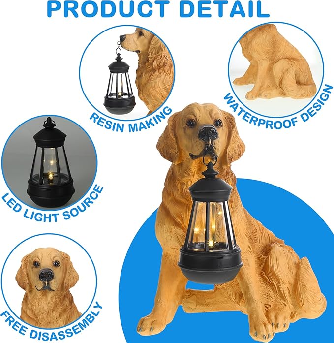 Baquler Garden Dog Statues Outdoor Decor, Resin Solar Lights Outdoor Statue Led Garden Decorations Windproof Lamp Lawn Ornaments Front Yard Decorations Outdoor for Porch Home Patio(Golden Retriever)