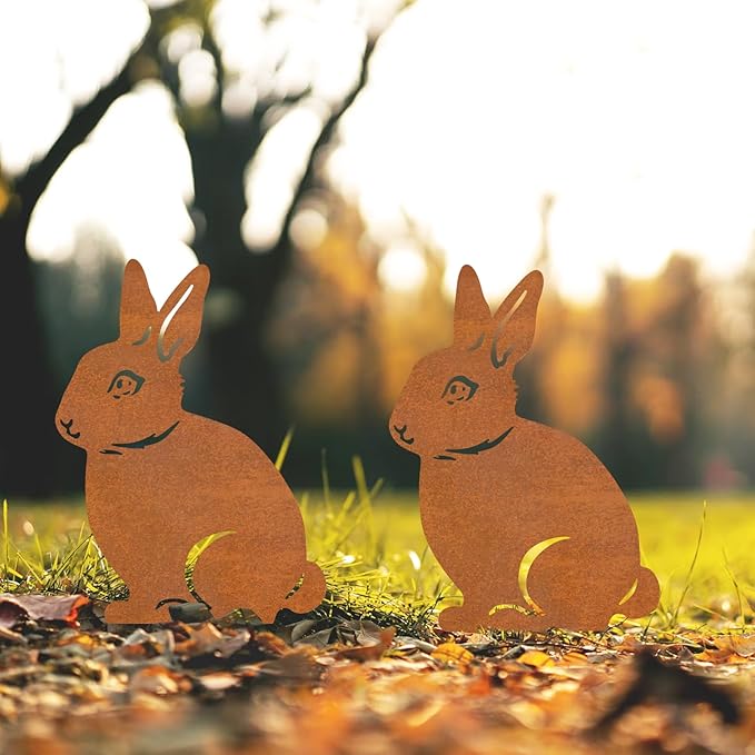 2 Pcs Metal Rabbits Garden Statues,Metal Yard Art Animals Garden Stakes Rabbit Silhouette,Rabbits Yard Art, Flowerbed Decoration, Outdoor Decor