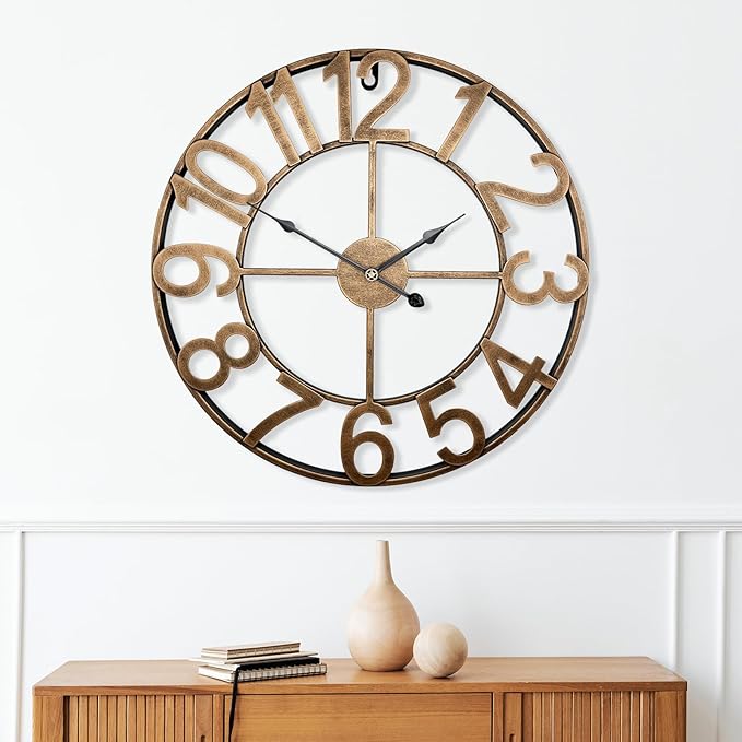 30 Inch Large Outdoor Clock, Vintage Gold Oversized Battery Analog Clock Silent Non-Ticking, Gaint Rustic Industrial Metal Decorative Wall Clock for Living Room, Kitchen, Farmhouse, Patio
