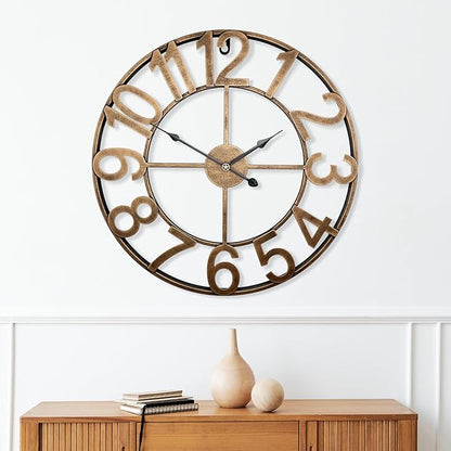 30 Inch Large Outdoor Clock, Vintage Gold Oversized Battery Analog Clock Silent Non-Ticking, Gaint Rustic Industrial Metal Decorative Wall Clock for Living Room, Kitchen, Farmhouse, Patio