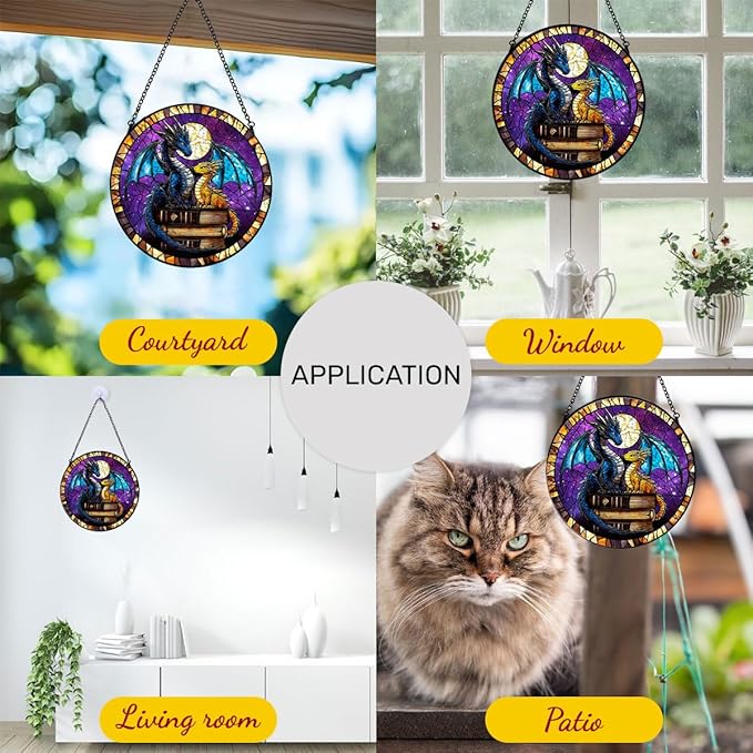 GENANY Dragon Book Stained Glass Window Hanging, Sun Catcher with Metal Chain and Hook, Bookish Gifts for Women Friends Family, Garden Decor, Housewarming Gifts, Outdoor Decor