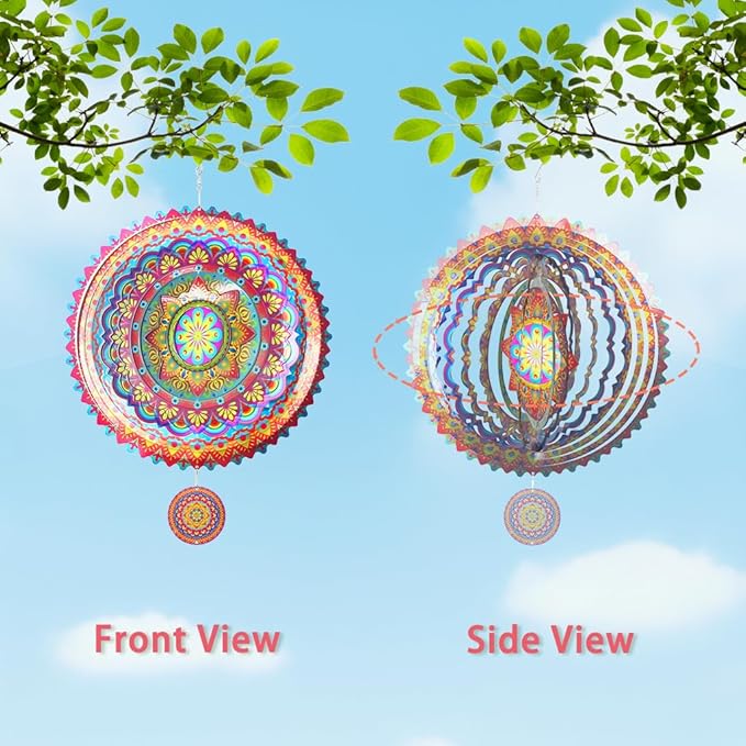 2 Pack Garden Wind Spinners Outdoor Mandala 3D Stainless Steel 12 Inch Patio Garden Decorations Multi Color Hanging Wind Spinners for Porch