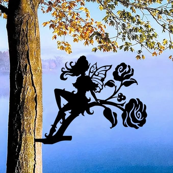 Iron Art Fairy on Branch Steel Silhouette Metal Wall Art Home Garden Yard Patio Outdoor Statue Stake Decoration