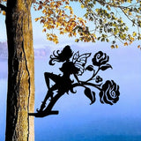 Iron Art Fairy on Branch Steel Silhouette Metal Wall Art Home Garden Yard Patio Outdoor Statue Stake Decoration