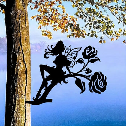 Iron Art Fairy on Branch Steel Silhouette Metal Wall Art Home Garden Yard Patio Outdoor Statue Stake Decoration