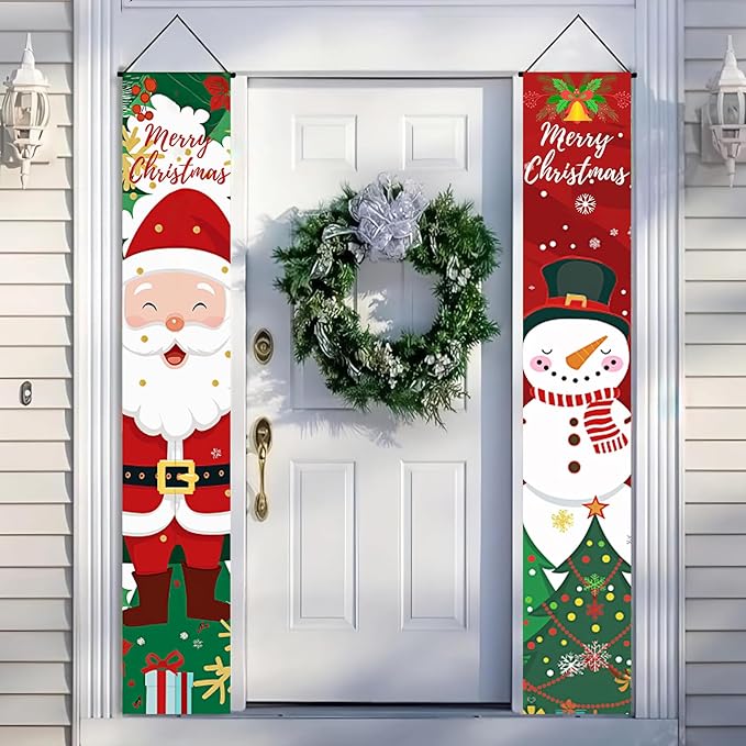 BlissYard Christmas Porch Banner Set 78×12 Inch Santa and Snowman Door Banner Xmas Hanging Sign Outdoor Christmas Decorations Xmas Front Door Welcome Banner Winter Yard Wall Decor for Home Garden Party Supplies
