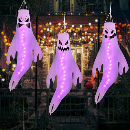 Geefuun 3PCS Purple Halloween Fierce Ghost Windsocks Hanging Decorations - 43 Inch Flag Wind Socks for Home Yard Outdoor Decor Party Supplies (Batteries Not Included,No Timer)