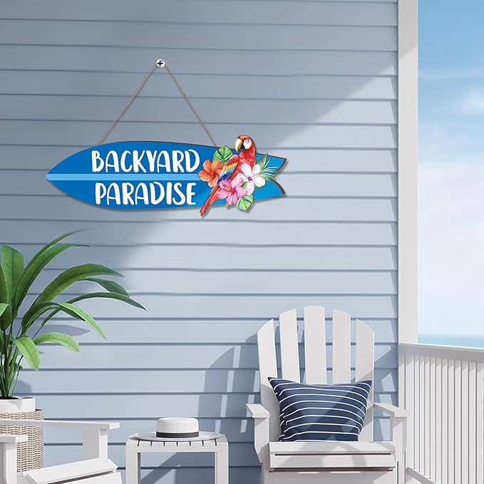 Wooden Backyard Paradise Sign Surfboard Wall Hanging Sign Wooden Hanging Decorative Art for Yard Garage Bar Tiki Wall Home Party Summer Decor Gift, 5 x 16 Inches