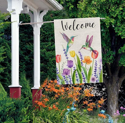 Welcome Hummingbird Spring Flowers House Flag Large Burlap 28x40 Inch Double Sided Outside Yard Holiday Outdoor Farmhouse Decoration