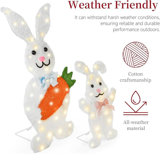 Outdoor Lighted Easter Bunny Yard Decorations, Metal Bunny Family Set of 3, Plug-in Pre-Lit LEDs for Lawn Garden Front Porch