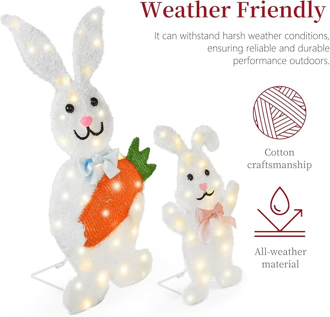 Outdoor Solar Easter Bunny Yard Decorations, Lighted Metal Bunny Family Set of 3, Pre-Lit LEDs for Lawn Garden Front Porch