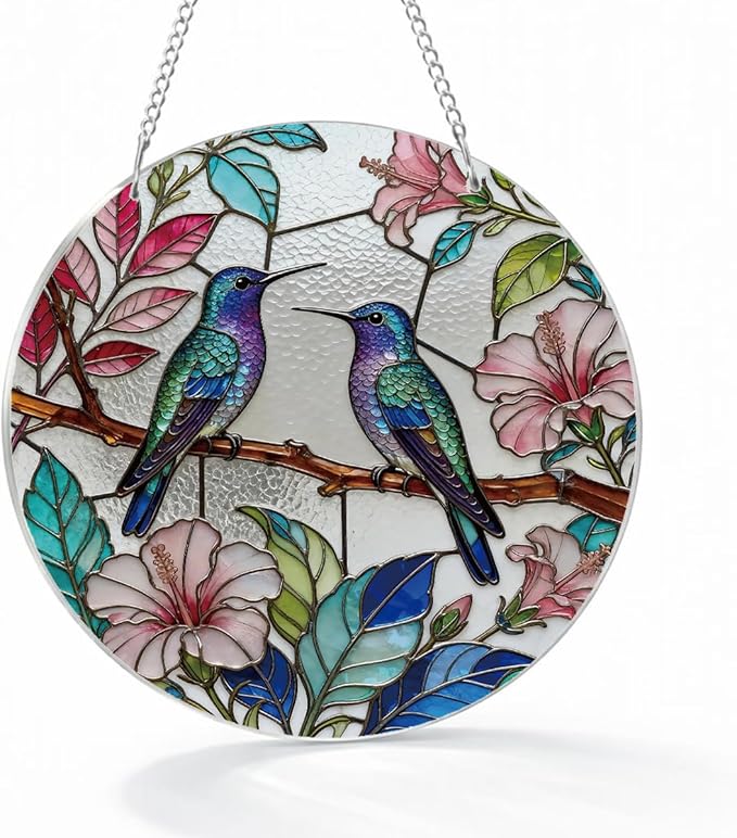 Hummingbird Flower Plant Suncatcher, Colorful Window Door Decoration, Acrylic Wall Hanging Art, Home Garden Decors, Mother's Day Christmas Festival Decor Ornament, Gift for Birds Lover