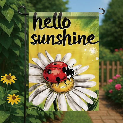 Spring Summer Garden Flag 12x18 Inch Hello Sunshine Ladybug Daisy Floral Art Design Outdoor Yard Porch Lawn Garden for Seasonal Farmhouse Country Home Decor
