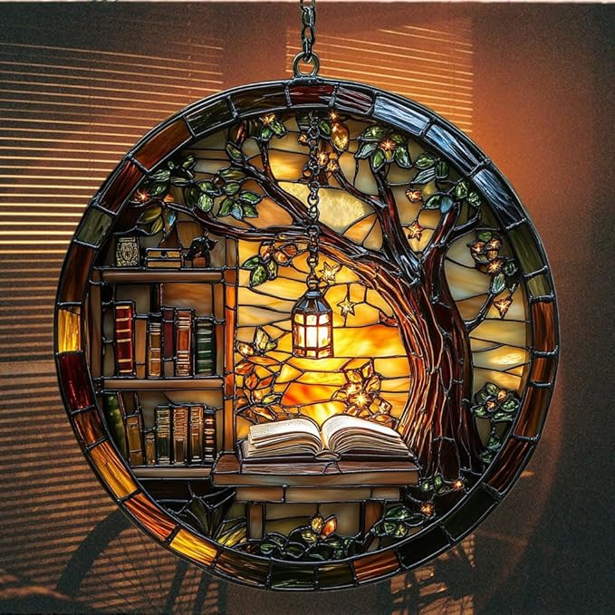 Forest Library Bookshelves Acrylic Suncatcher Stained Glass Effect Window Car Hanging Christmas Ornament Indoor Outdoor Decor Garden Sun Catcher Panel for Book Lover for Women Mom Grandma