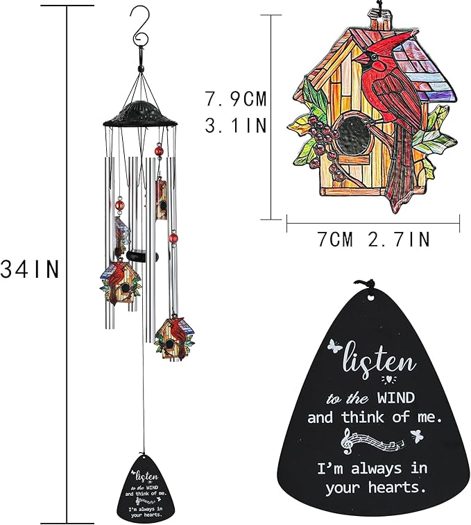 HDCRYSTALGIFTS 34'' Cardinal Wind Chimes for Outside Home Garden Decor Red Bird Memorial Wind Chimes for Loss of Loved One, Sympathy Windchimes Outdoors Cardinal Gifts for Women Mom Grandma Sisters
