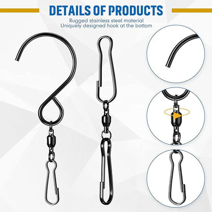 Jetec 20 Pieces Wind Spinner Swivel Hooks 360 Degree Dual Spinning Windsock Chime Supplies Hanger Swivels Clip Hanging Hooks with Storage Box for Wind Spinners Supply, 2 Styles (Black)