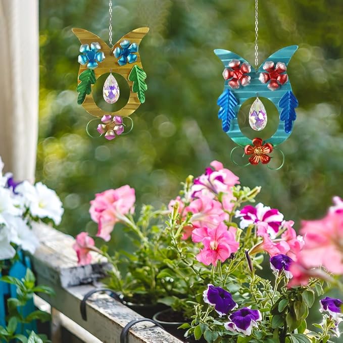 2 Pack Hanging Owl Suncatchers,Rainbow Maker Crystal,Metal Sun Catchers Indoor Window for Garden, Patio, Balcony, Indoor Window, Present for Owl and Garden Lover