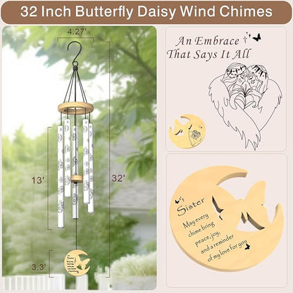 Sister Gifts, Sister Birthday Gift from Sister, 32" Daisy Print Modern Wind Chimes with Butterfly Pendant, Best Sister Ever Gift for Women Birthday Wedding Mother's Day (for Sister)