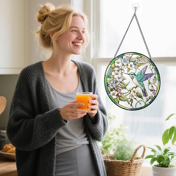Stained Glass Suncatchers Window Hanging, Flowers Bird Sun Catchers Indoor Window Stained Glass Hanging Garden Decor, Birthday Gifts for Mom Grandma Aunt Sister Bestie 7.8 in