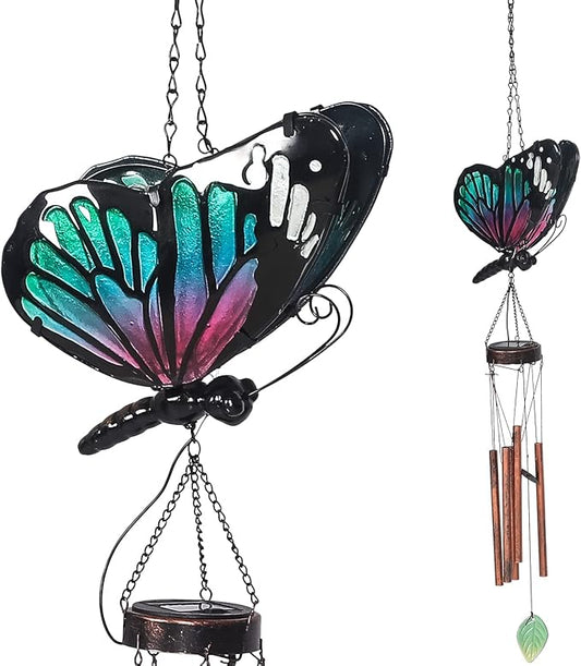 Asense Hanging Wind Chimes for Outside, Solar Powered LED Lights Butterfly Wind Chime, Outdoor Garden Lawn Yard Patio Decoration, Unique Decor Gifts