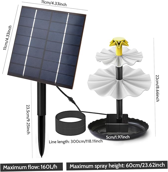 Solar Fountain 2-Tier 2.5W Solar Water Fountain DIY Decorative Pump with Tray and 300cm Cable Water Pump for Bird Bath Garden Pond Pool