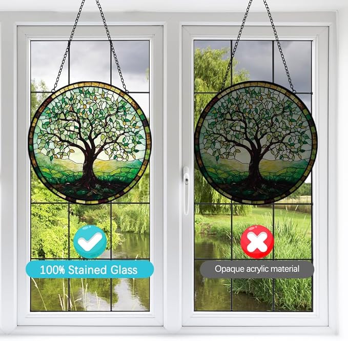 Mom Grandma Gift, Tree of Life Suncatcher, Stained Glass Window Hanging, Sun Catchers Indoor Window, Handmade Suncatchers for Windows Hanging, Spring Home Garden Decor Glass Panel