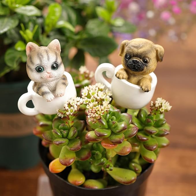 Cute Cat Mini Figurines with Stakes Adorable Garden Statues for Flower Plant Pot Decorations Miniaturefairy Garden Sculpture