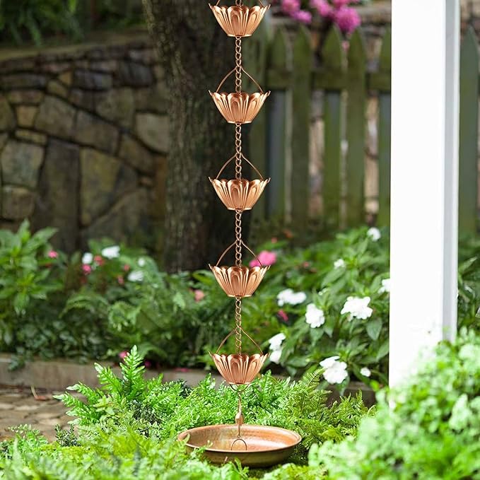 Vindar Rain Chain, 8.5 FT Rain Chain for Gutters - MG4773(Copper Colored) Rain Catcher for Downspout with Adapter, 10 Thick Iron Flower Cups Garden Decorative