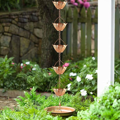 Vindar Rain Chain, 8.5 FT Rain Chain for Gutters - MG4773(Copper Colored) Rain Catcher for Downspout with Adapter, 10 Thick Iron Flower Cups Garden Decorative