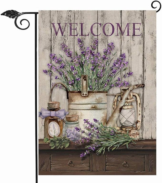 Hzppyz Welcome Spring Summer Garden Flag Lavender Flower Bucket, Decorative House Yard Lawn Outdoor Small Burlap Flag Lantern Decor, Vintage Farmhouse Seasonal Outside Decorations Double Sided 12 x 18