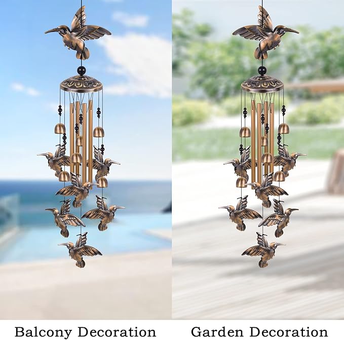 Hummingbird Wind Chimes for Garden, Gifts for Mom, Home, Balconies, Room, Patio, Indoor, Outdoor Hummingbirds Decoration, Hummingbird Wind Catcher, Bronze Memorial Wind Bell, Bird Wind Chimes Decor